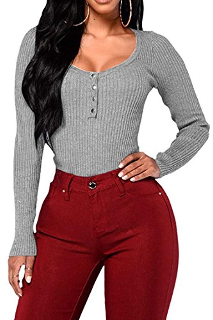 Fixmatti Women Bodysuit Knit Buttons Scoop Neck Thong Bodycon Leotard | Amazon (US)