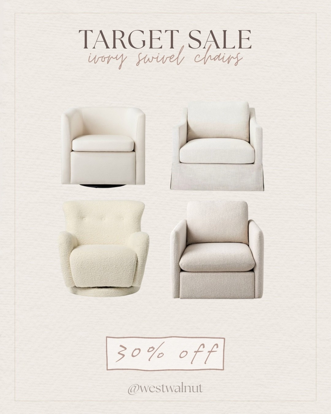 @Target  is having a sale right now on some of my favorite furniture pieces they have! I’ve linked tons of pieces for 30%!

These ivory swivel chairs each have different visual features but all exude a minimal, clean, modern interior vibe!

#swivelchairs #affordablefurnitire 

#LTKHome