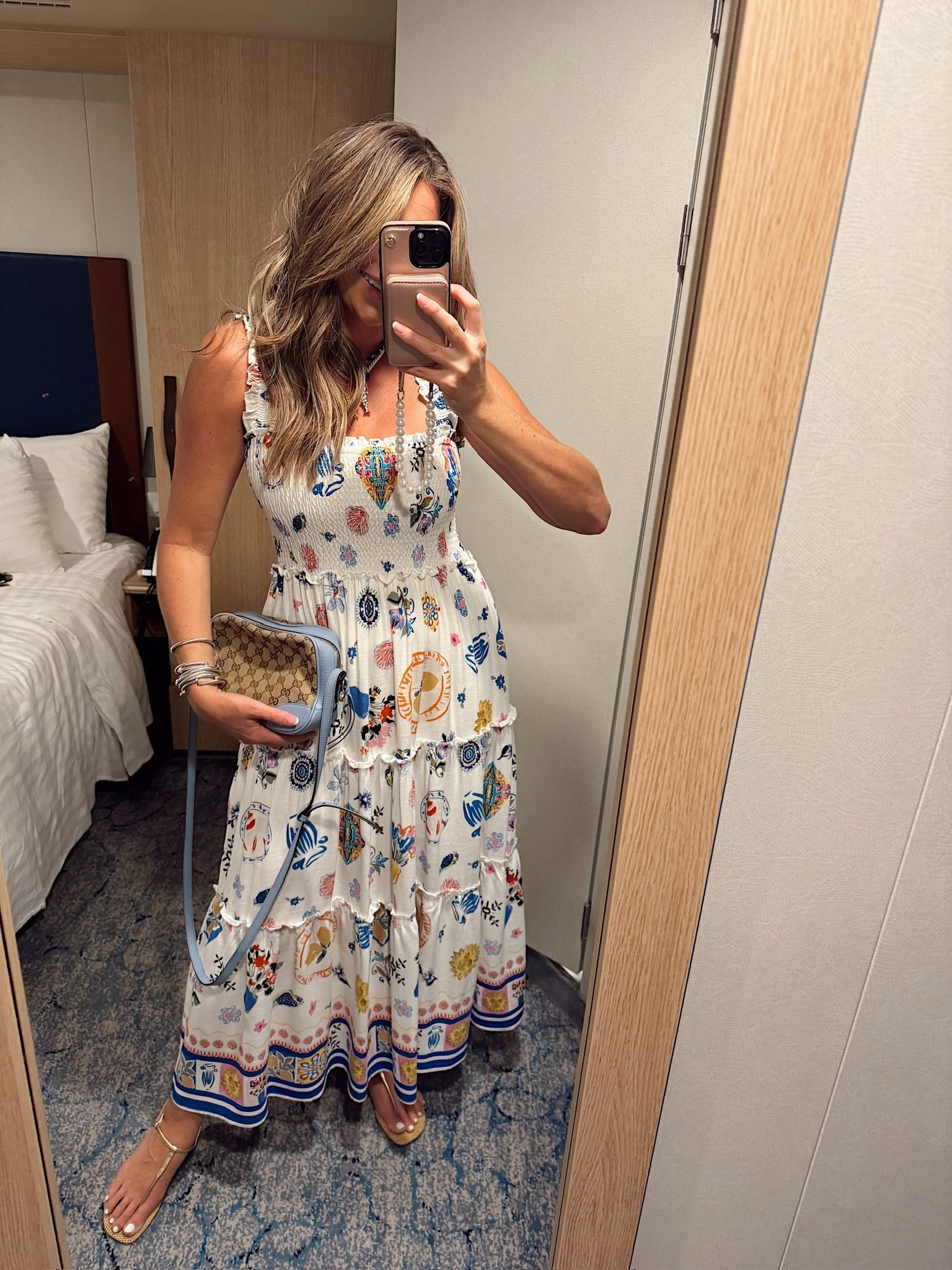 Cruise ootd! In a medium shell print maxi, necklaces, sandals and accessories - fits tts.

#LTKStyleTip #LTKTravel #LTKSeasonal