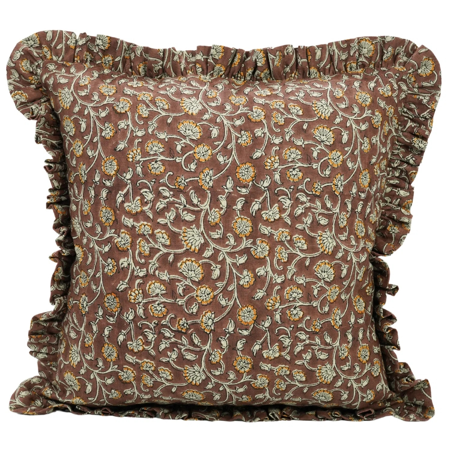 Fabdivine Decorative Pure Linen Fabric Frill Block Print Pillow Cover, Brown, Himachal | Wayfair | Wayfair North America