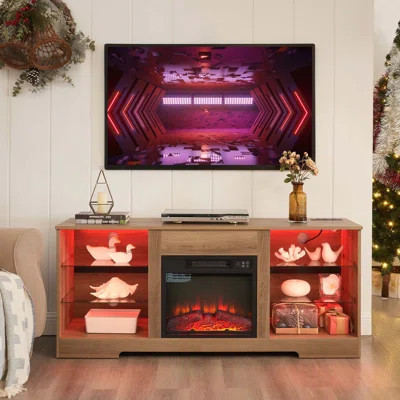 TV Stand Electric Fireplace TV Stand with Glass Shelves, 3D Fireplace TV Stand with LED Lights Wood with USB Charging Outlet Modern Television Table C | Wayfair North America