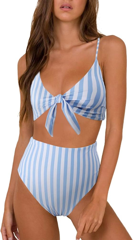 Blooming Jelly Womens High Waisted Bikini Set Tie Knot High Rise Two Piece Swimsuits Bathing Suits | Amazon (US)