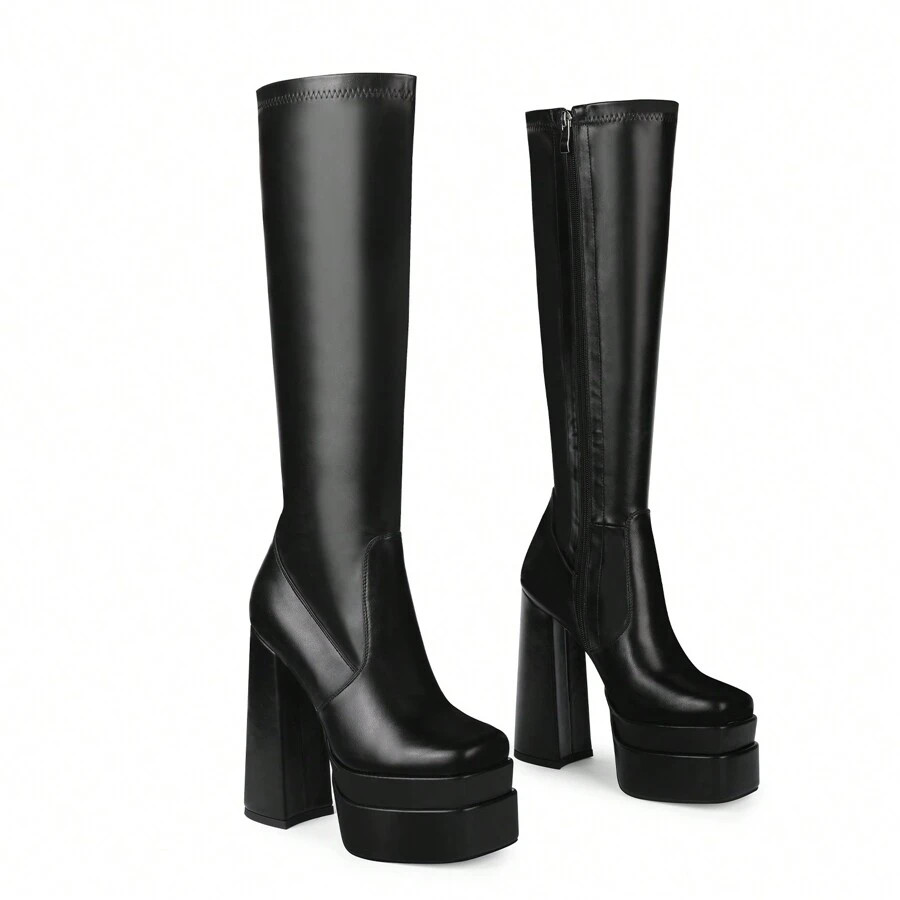 ISNOM Stacked Platform Knee High Boots For Women With High Chunky Heel, Gogo Boots For Women With... | SHEIN