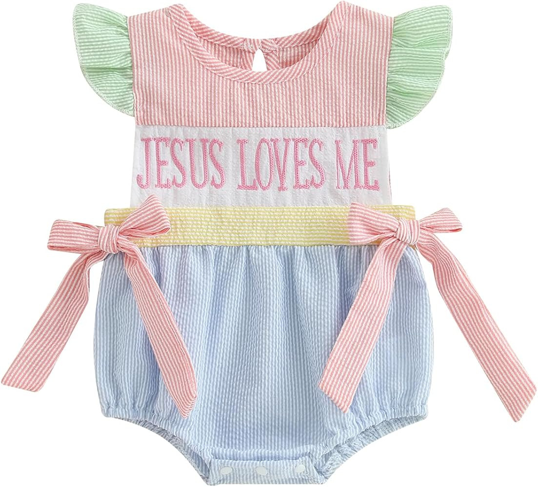 Newborn Baby Girl Easter Outfit Jesus Loves Me Smocked Romper Dress Striped Bow Onesie Sleeveless... | Amazon (US)