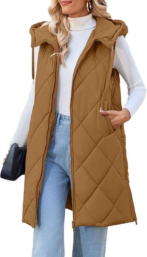 MEROKEETY Womens Sleeveless Quilted Long Puffer Vest Hooded Full Zip Jacket Coats with Pockets | Amazon (US)