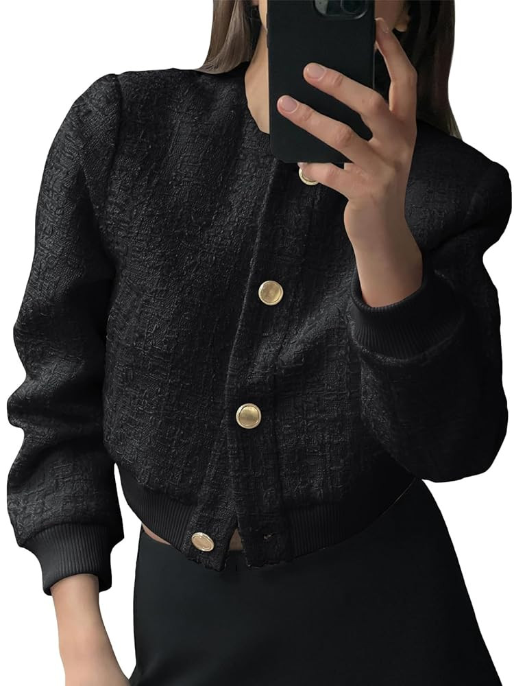 Tankaneo Womens Cropped Tweed Jacket Casual Button Down Long Sleeve Collarless Coats Fall Outerwe... | Amazon (US)