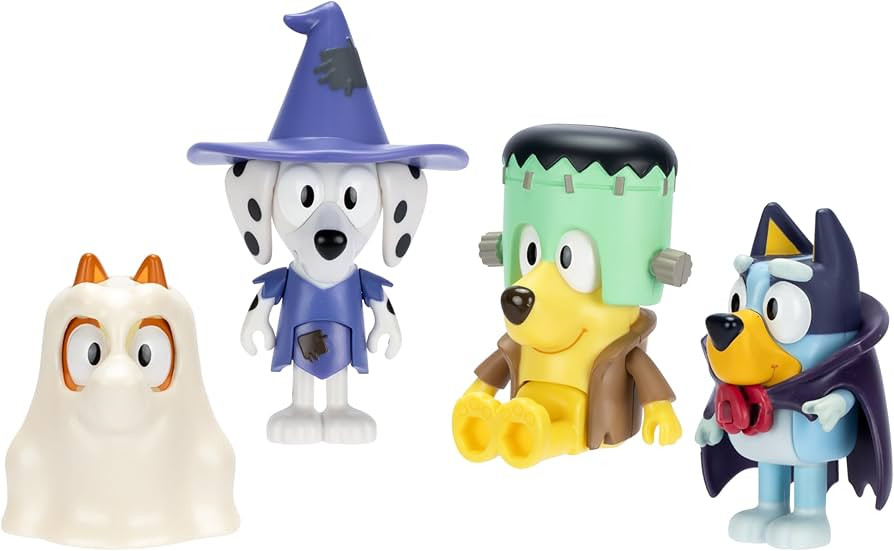 Bluey Figure 4-Packs, Halloween, 2.5" Poseable Figures of Bluey, Bingo, Chloe & Lucky Dressed in ... | Amazon (US)