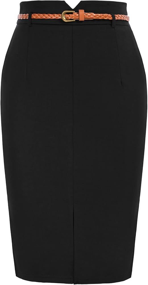 Women's High Waisted Pencil Skirts Slit Office Business Pencil Skirt with Belt | Amazon (US)