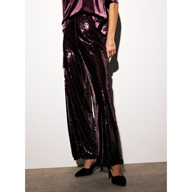 Burgundy Sequin Embellished Wide Tailored Trousers  12R | Tu Clothing