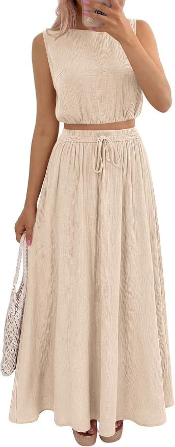 PRETTYGARDEN Cotton 2 Piece Sets for Women Summer Outfits 2026 Sleeveless Crop Top Long Maxi Skir... | Amazon (US)