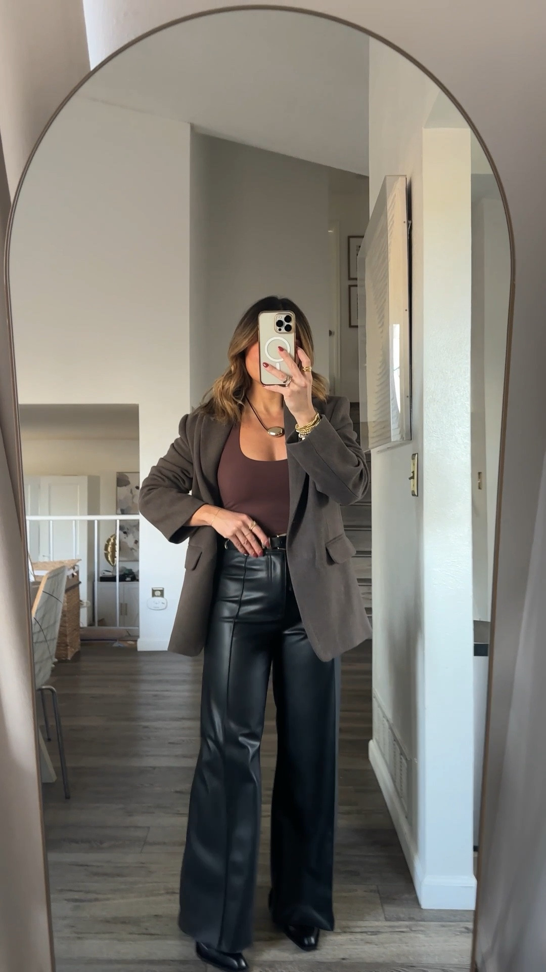 The most flattering and chic faux leather wide leg pants they are so comfy too! 
Top size small
Pants size US4
Linked similar blazers
These boots are incredible!! And they are currently on sale

#LTKWorkwear #LTKmomlife #LTKootd