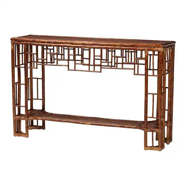 Tahlia Marbled Tortoise Natural Rattan Console Table - Handcrafted Wicker Accent Table with Coast... | Bed Bath & Beyond