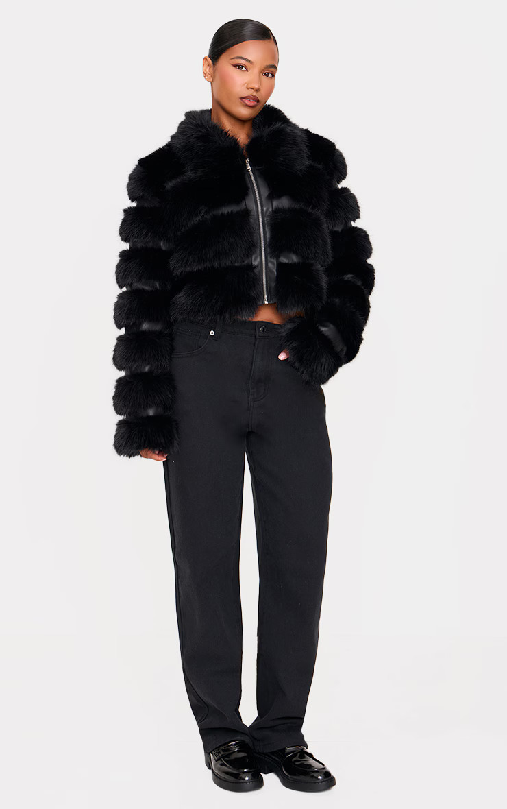 Black Plush Bubble Faux Fur Zip Up Jacket | PrettyLittleThing UK