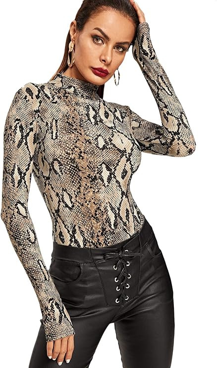 MakeMeChic Women's Pullover Leopard Tops Bodysuit Long Sleeves Jumpsuit | Amazon (US)