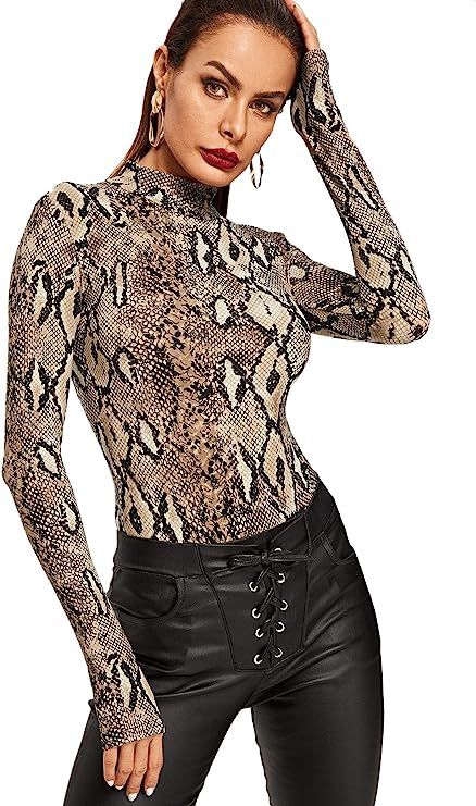 MakeMeChic Women's Pullover Leopard Tops Bodysuit Long Sleeves Jumpsuit | Amazon (US)