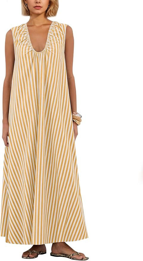 Women Flowy Maxi Dress Ruched Sleeveless Long Dress Vacation Fashion Summer Casual Loose Fit Sund... | Amazon (US)