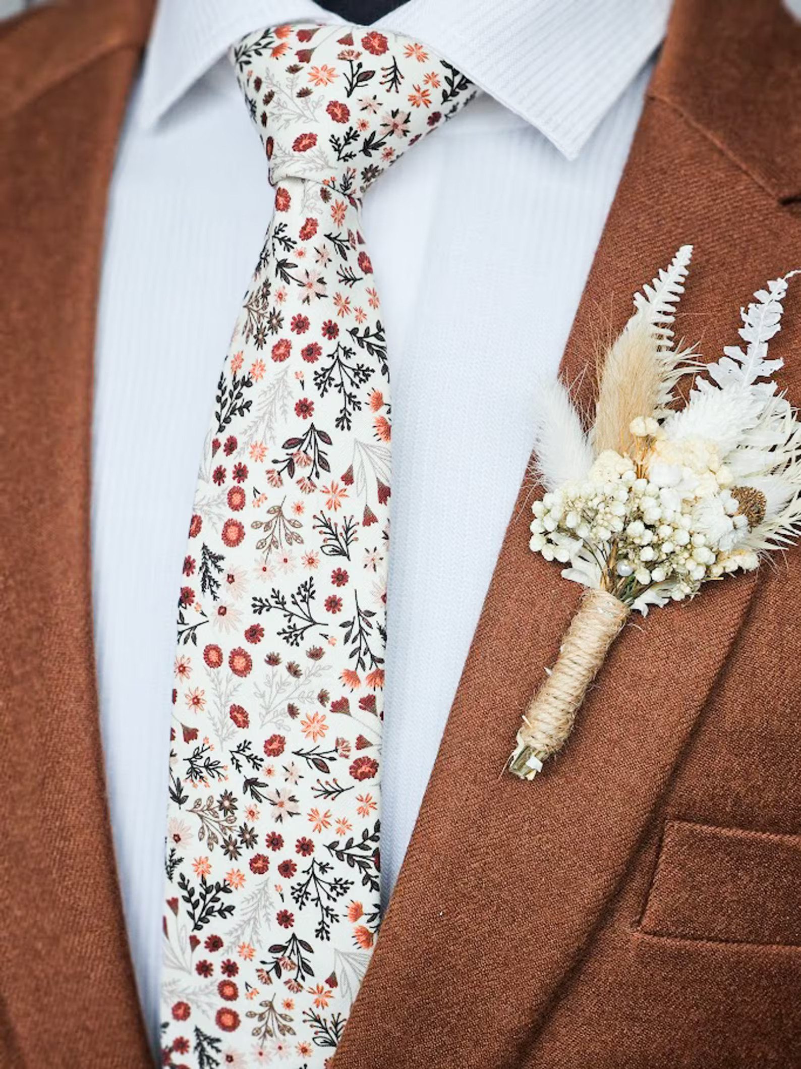 Wild Flower Cream, Cinnamon and Dark Green Tie, Rust Orange and Cream Wedding Tie, Emerald, Burnt... | Etsy (US)