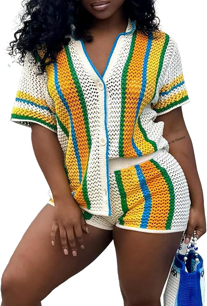 Symina Summer 2 Piece Short Sets For Women Crochet Short Sleeve Shirt and Shorts Matching Set Vac... | Amazon (US)
