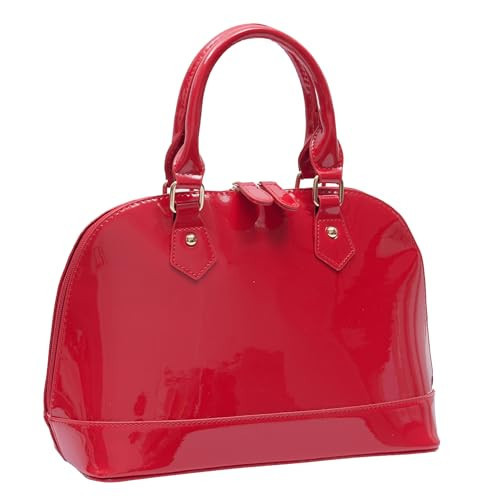 Patent Leather Dome Satchel Purse Zip-around Handbag Multi-Pocket Shoulder Bag Shiny Large Top-handle Shell Bag (Red) | Amazon (US)