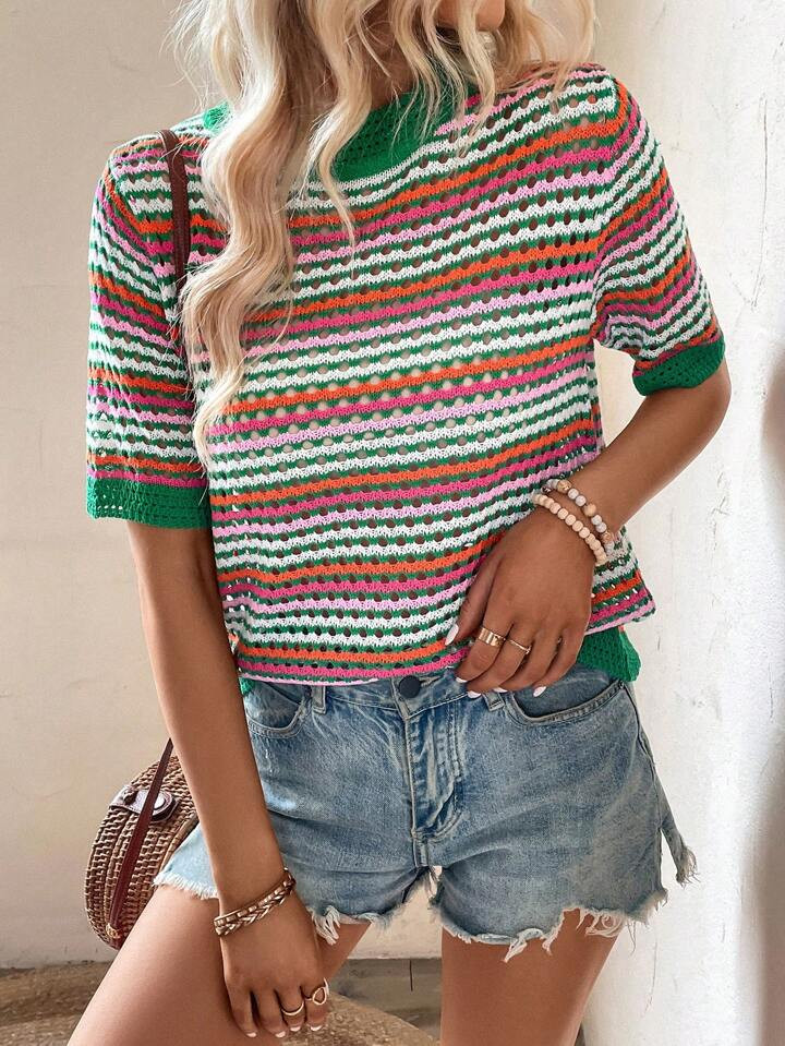 SHEIN LUNE Striped Pattern Contrast Trim Knit Top | SHEIN