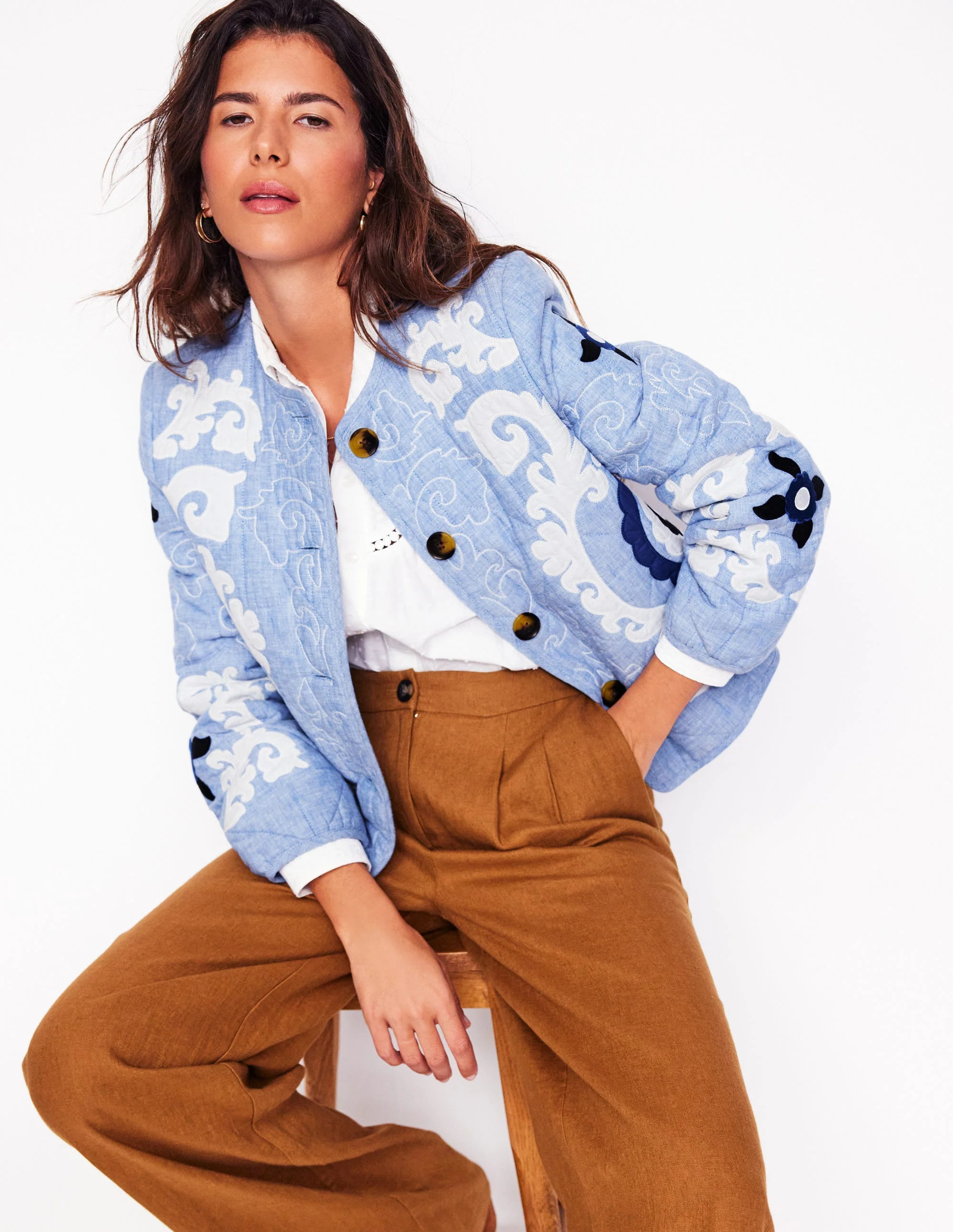 Chelsea Embroidered Jacket-Grey Blue Chambray | Boden UK