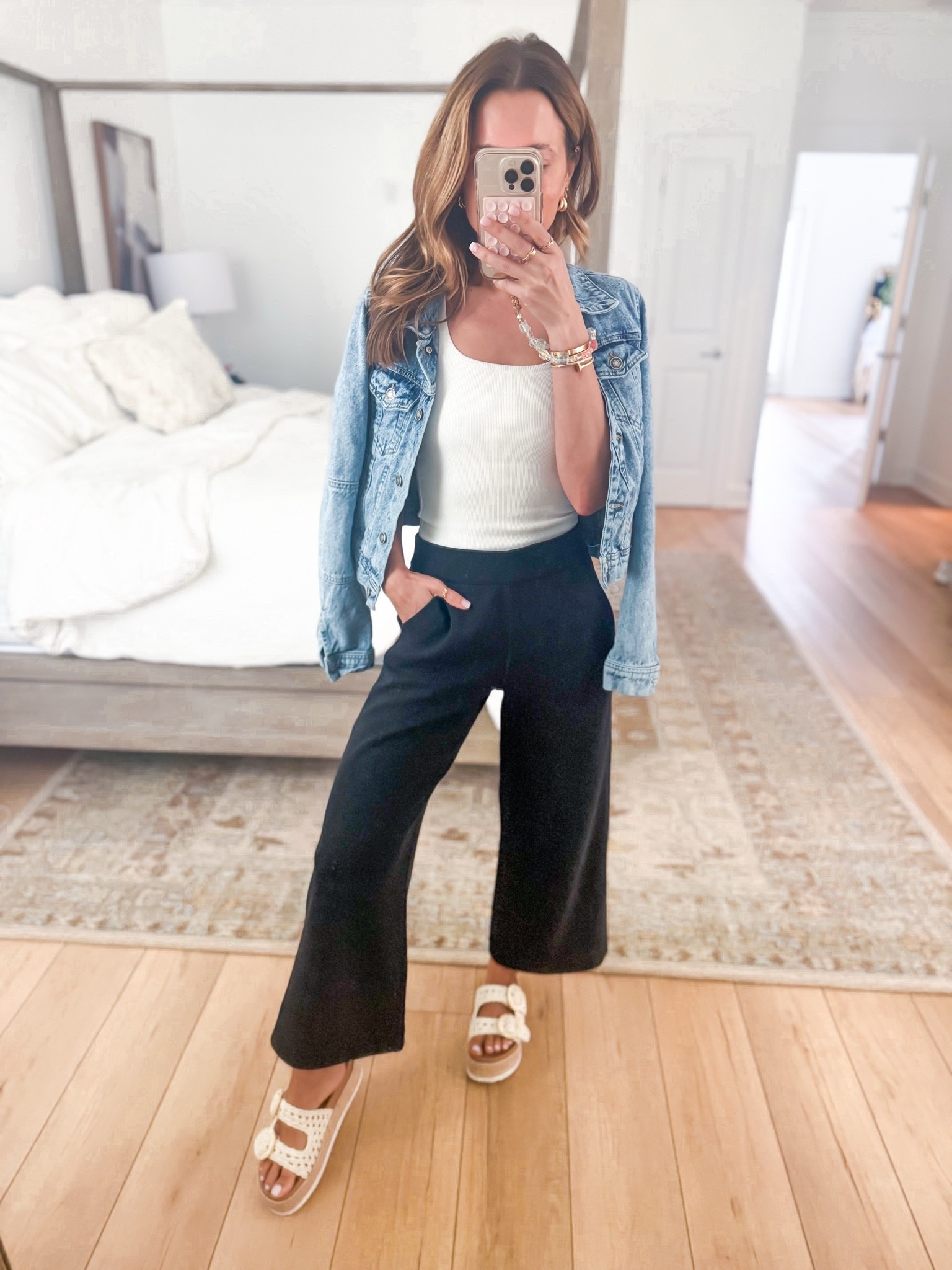 My casual outfit of the day! Mom outfit. Summer outfit. Travel outfit. Getting my a facial and this is what I’m wearing. Amazon modal blend pants in XXS. Could size down if in-between. Bra-free ribbed tank top in XS - LOVE THIS! My favorite denim jacket in XS. Target buckle slides are TTS.

#LTKootd #LTKTravel #LTKPetite