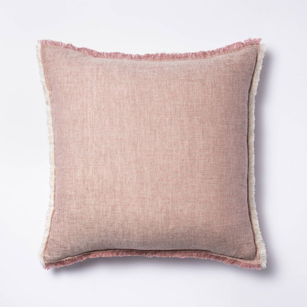 Square Linen Throw Pillow with Contrast Frayed Edges Mauve/Cream - Threshold designed with Studio Mc | Target