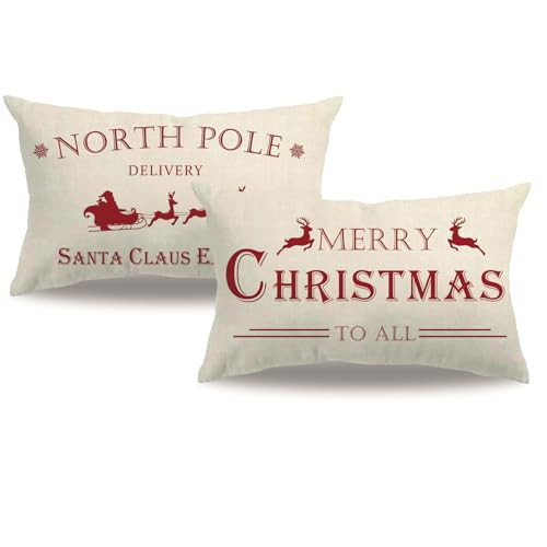 7COLORROOM Set of 2 Merry Christmas Pillow Covers Red Christmas Deer/North Pole Pattern Rectangular/Waist Cushion Cover Farmhouse Christmas Decor Winter Holiday Pillowcases 12" x 20" (Red, 12"×20") | Amazon (US)
