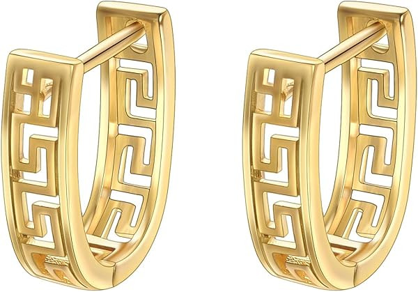 Huggie Hoop Greek Earrings For Women Unique 14K Gold Plated Cutout and 14K White Gold Plated Cutout U Shaped Earrings Greek Jewelry | Amazon (US)