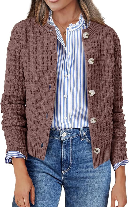 Zeagoo Women's 2026 Cardigan Sweaters Button Down Crew Neck Open Front Long Sleeve Knit Cropped J... | Amazon (US)