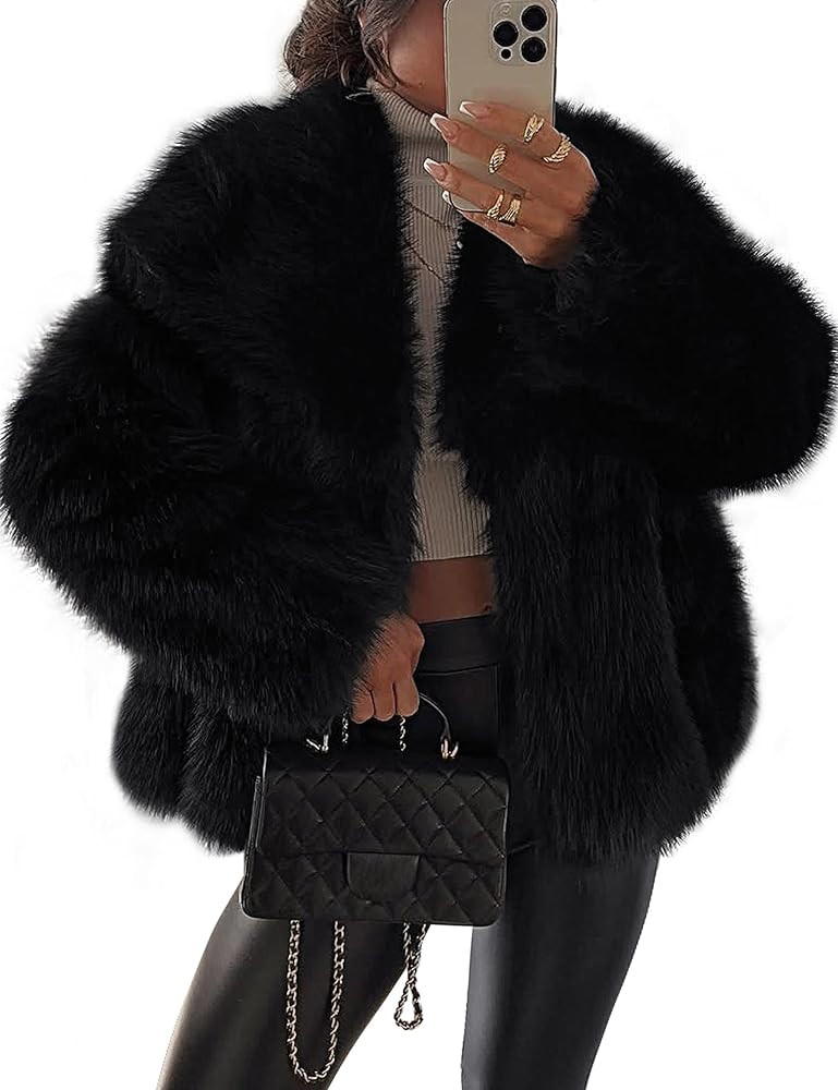 FOMELY Faux Fur Coat Fluffy Fur Jacket Women Lapel Collar Open Front Winter Coat Shaggy Outwear W... | Amazon (US)