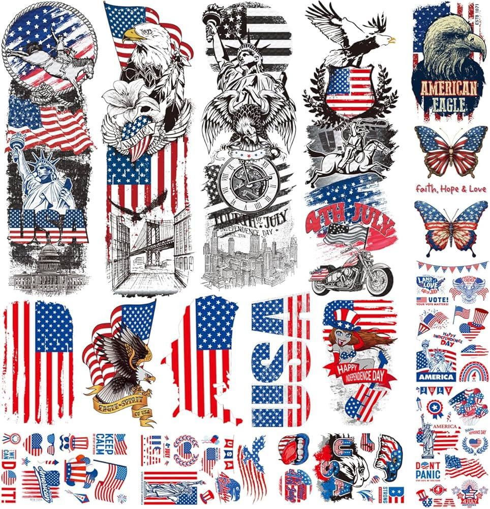 4th of July Temporary Tattoos Full & Half Arm - American Flag Tattoos for Kids Women Men Fourth o... | Amazon (US)