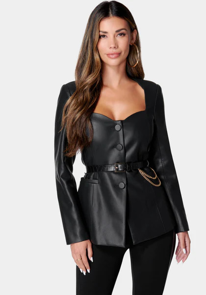Vegan Leather Fitted Jacket With Belt | Bebe