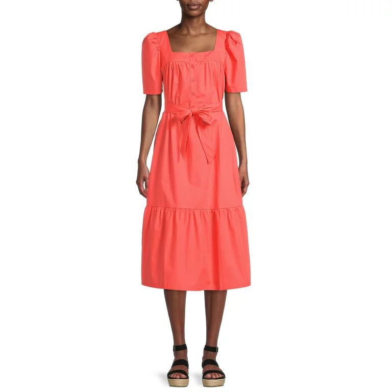The Get Women's Short Sleeve Midi Dress with Puff Shoulders | Walmart (US)