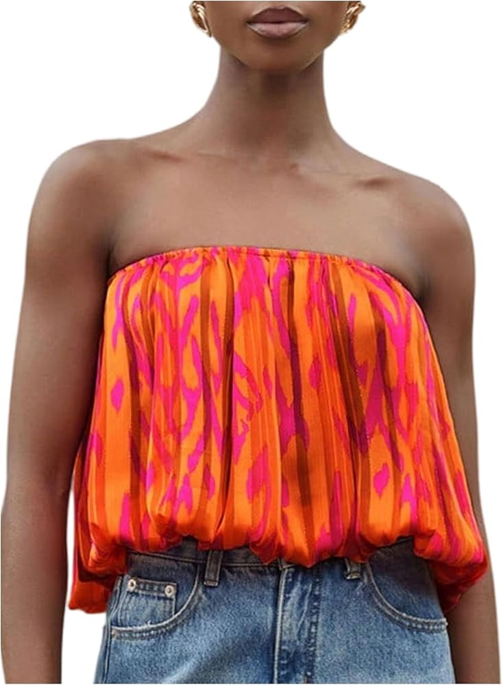 SOLY HUX Women's Printed Bubble Tube Top Y2k Strapless Sleeveless Bandeau Going Out Tops | Amazon (US)