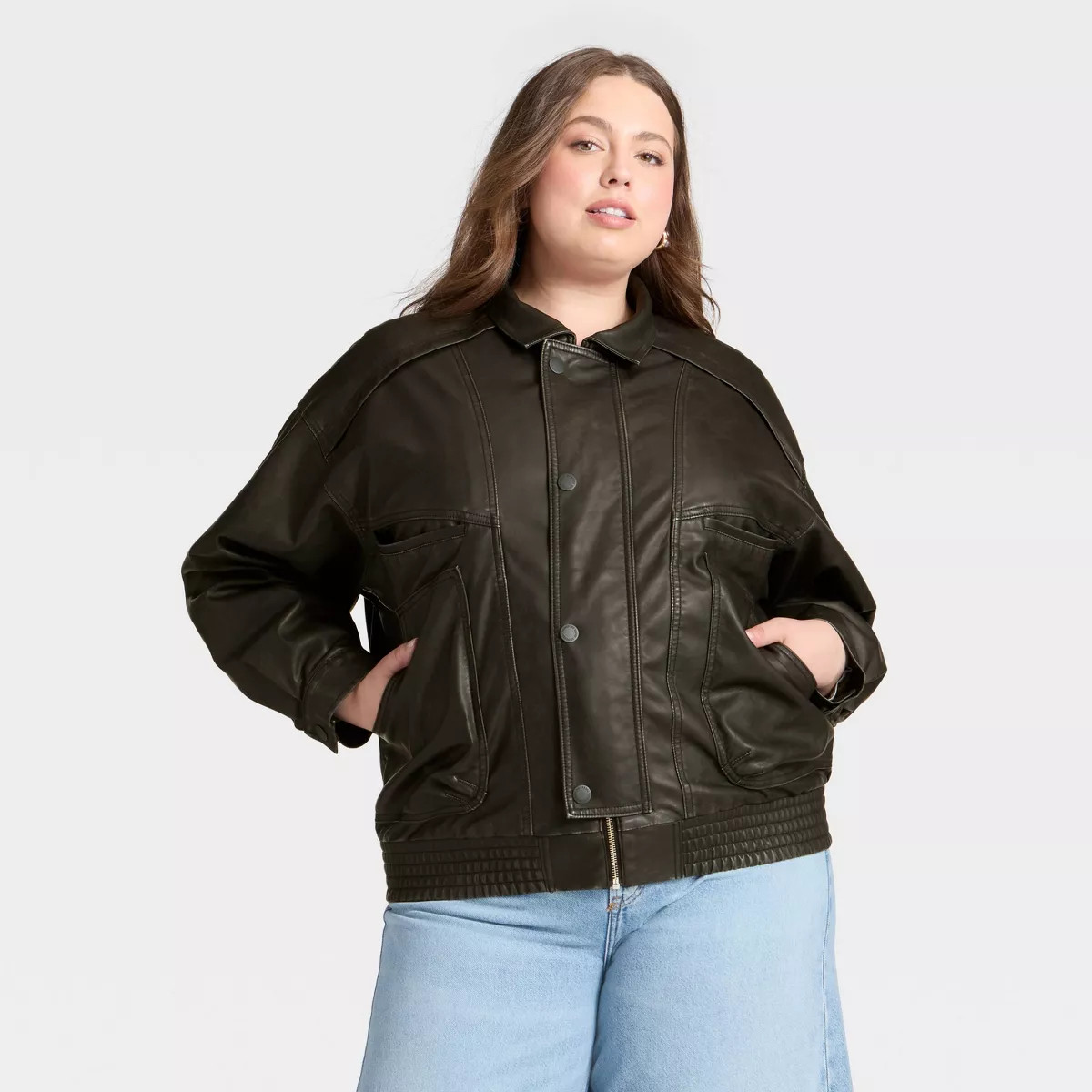 Women's Relaxed Faux Leather Bomber Jacket - Universal Thread™ Black 4X | Target