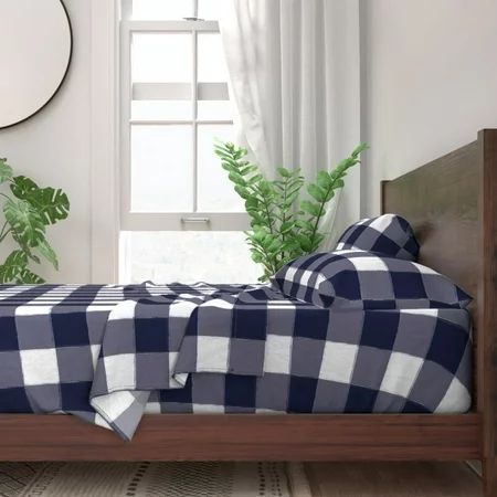 Navy Gingham Plaid Blue Buffalo Check 100% Cotton Sateen Sheet Set by Roostery | Walmart (US)