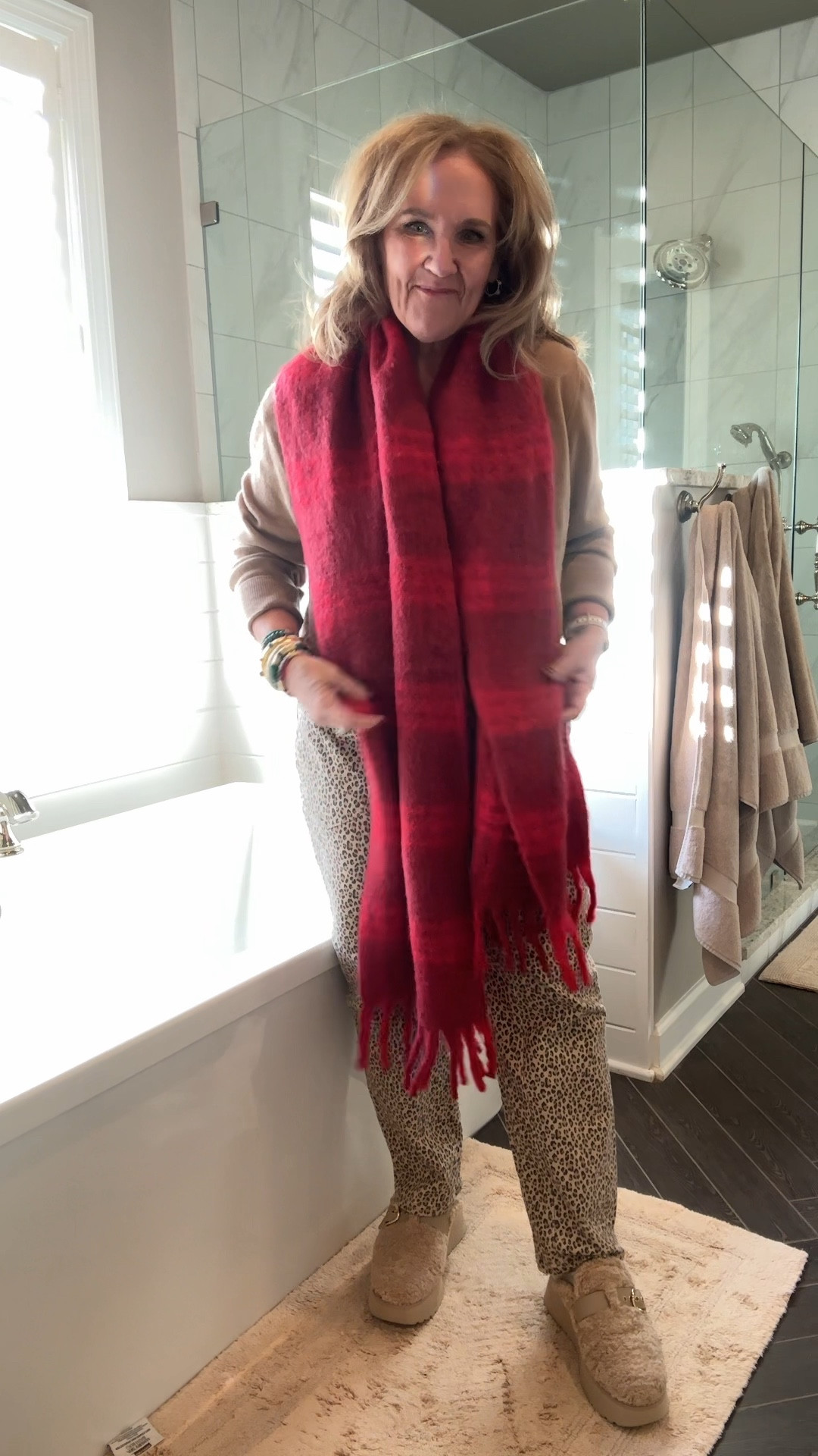 The wanderer pant at Anthro. Runs roomie! Size down! I’m wearing a 28

My cashmere sweater is $50 and fantastic. Wearing an XL. It’s more fitted if you order your reg size. Makes a really nice gift too. Gifts for her gifts for mom. 

This scarf really does make the best accessory. Keeps you warm but then easy off when you get hot 🤪

Love my Sherpa clogs. Tts 

20% off my bracelet set code NANETTE20

Casual holiday leopard print pant leopard jeans cashmere quince cashmere 

#LTKOver40 #LTKSeasonal #LTKWatchNow