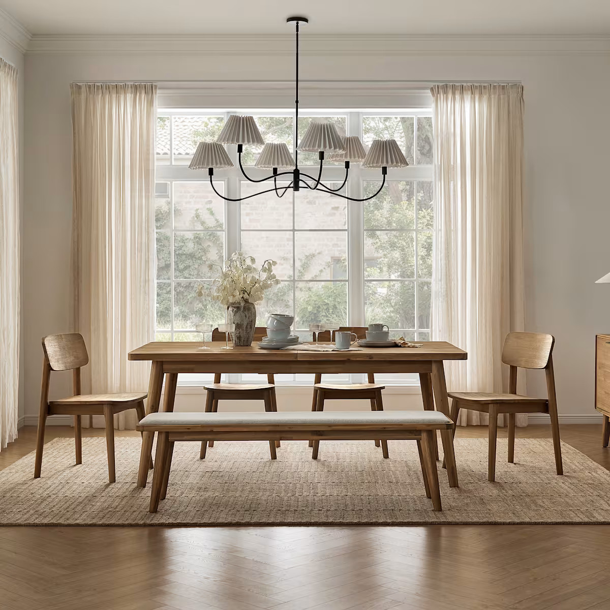 Seb 5-Piece Extendable Dining Table Set with 4 Chairs and Bench - Brown and White Finish - Mid-Century Modern Style | Castlery US