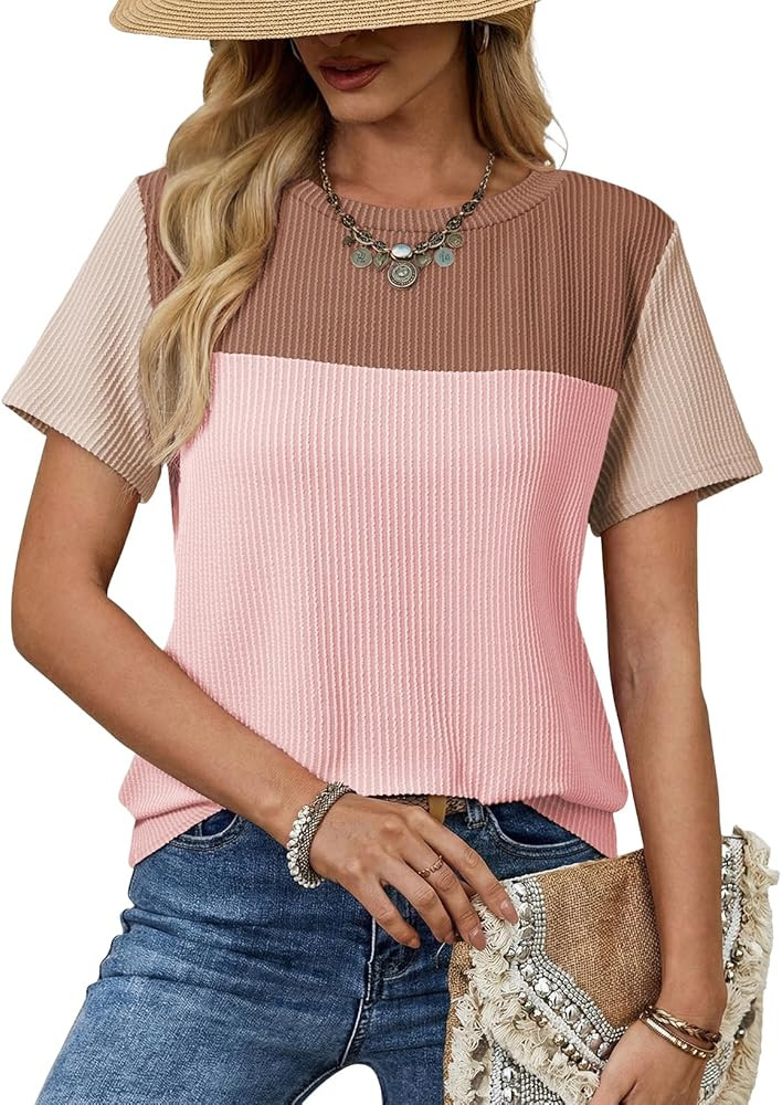 Dokotoo Womens Summer Tops 2026 Casual Color Block Womens T Shirts Loose Fit Crewneck Knitted Top... | Amazon (US)
