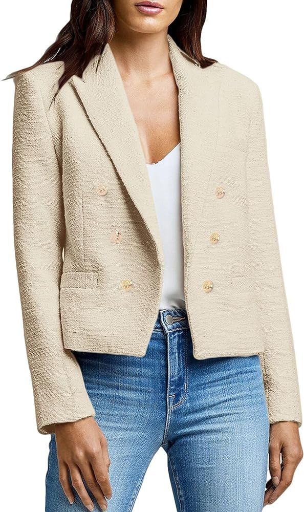 Womens' Tweed Blazer 2024 Spring Cropped Casual Long Sleeve Open Front Work Office Blazers with P... | Amazon (US)
