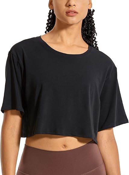 CRZ YOGA Women's Pima Cotton Workout Crop Tops Short Sleeve Yoga Shirts Casual Athletic Running T-Sh | Amazon (US)