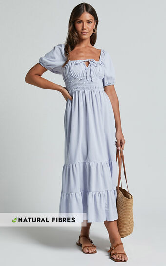 Claritza Midi Dress - Linen Look Short Puff Sleeve Square Neck Tiered Dress in Pale Blue | Showpo (US, UK & Europe)
