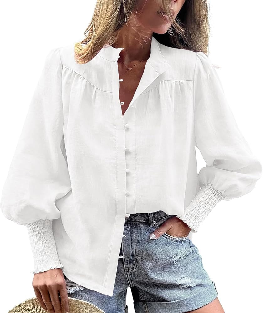 PRETTYGARDEN Women Button Down Shirts V Neck Lantern Long Sleeve Blouses Dressy Casual Smocked To... | Amazon (US)