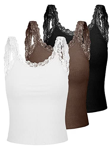 Sintege 3 Pcs Women's Lace Patchwork Tank Top Lace Camisole Tank Sleeveless Cami Crop Lacework Trim Y2k Tops(Large,Black, White, Coffee) | Amazon (US)