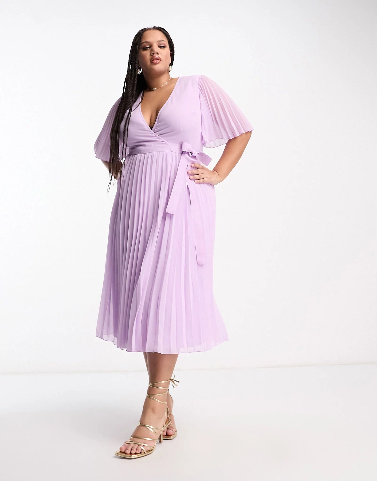ASOS DESIGN Curve exclusive pleated midi dress with kimono sleeve and tie waist in lilac | ASOS (Global)