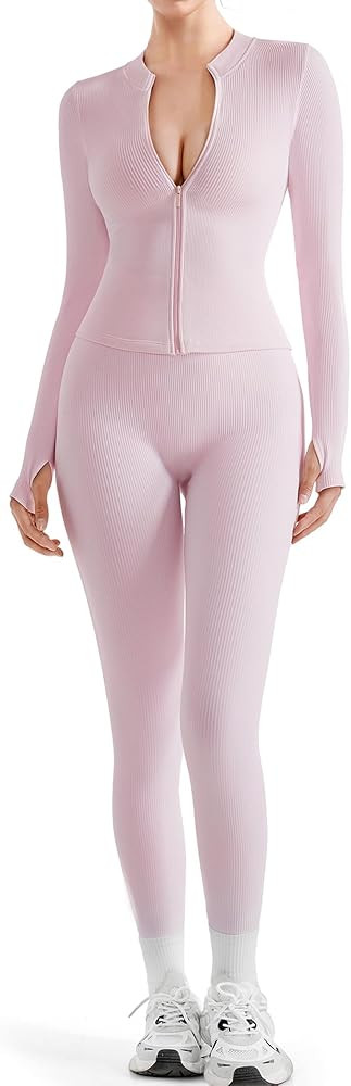 SUUKSESS Women 2 Piece Seamless Ribbed Workout Sets With Zip Up Jacket High Waisted Gym Yoga Legg... | Amazon (US)