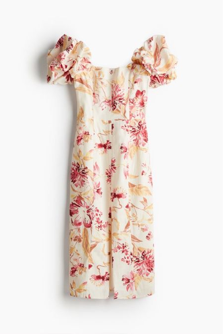 Linen floral off the shoulder midi dress - wedding guest dress 

#LTKfindsunder100 #LTKstyletip #LTKSeasonal