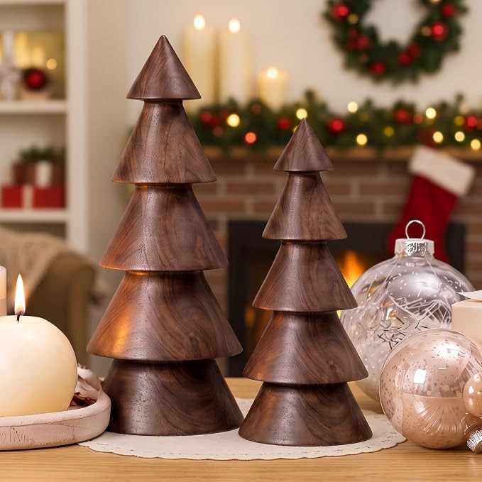 Yerliker 2 Pcs Rustic Christmas Wooden Trees Farmhouse Tabletop Decoration | Paulownia Wood Dark ... | Amazon (US)