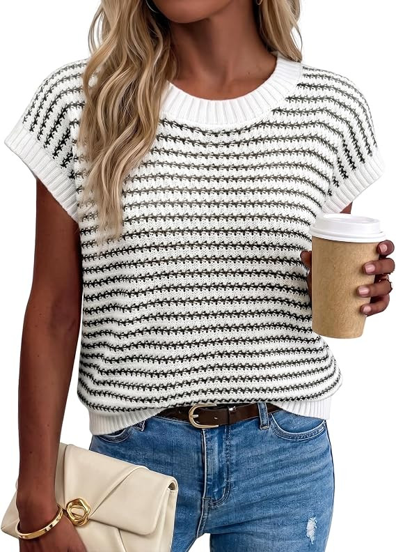 Womens Striped Short Sleeve Sweater Vest Lightweight Cap Sleeve Colorblock Knit Tops for Summer B... | Amazon (US)